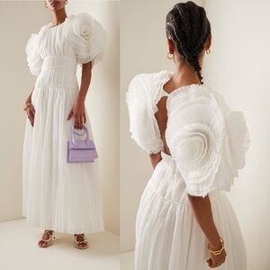 Aje Sculptura Expressive Ruffle Detailed Pleated Organza Maxi Dress White Bridal